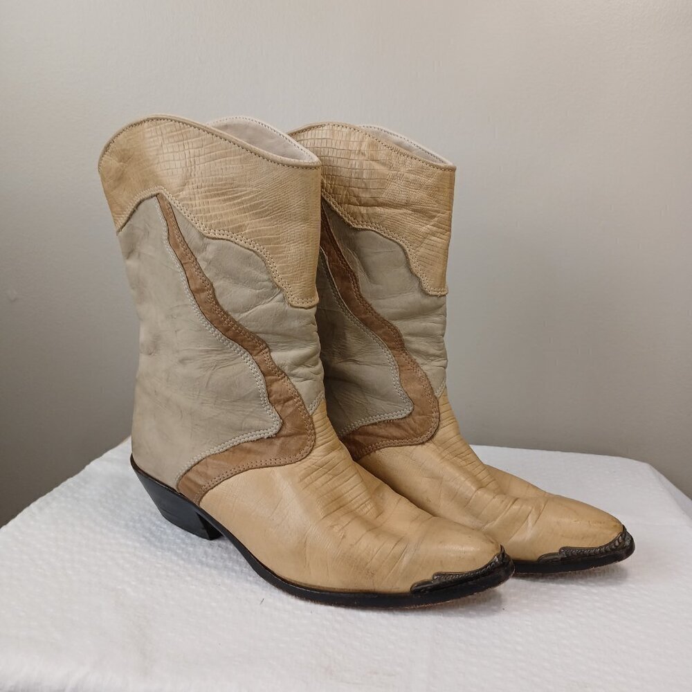 Vintage Zodic Patchwork Leather Western Boots Sniptoe Womens 9
